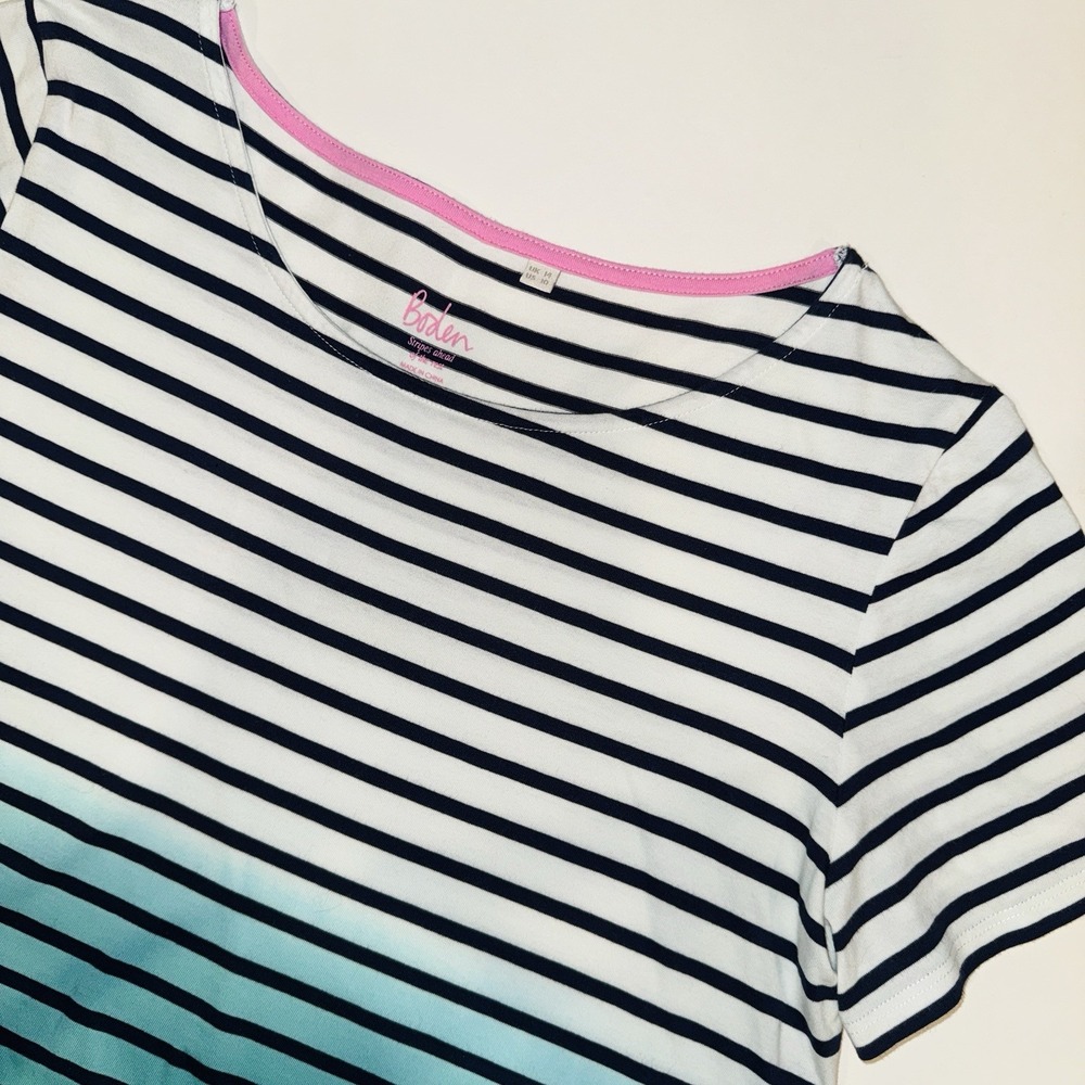 Boden Ombre Striped Short Sleeve T-Shirt Blue Pink Trim Cotton Women's US 10